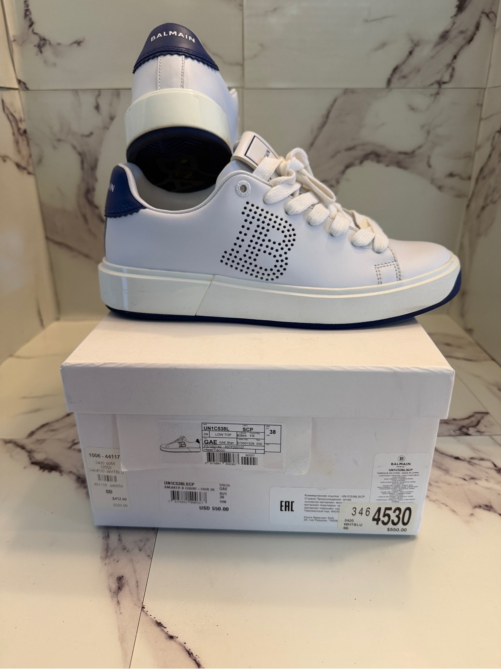 Balmain White Sneakers with Navy Heel and Sole